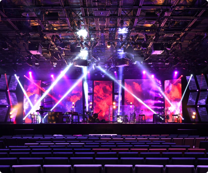 Music stage setup with purple lights
